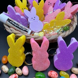💜💛🩷 3 pc Bundle ~ Peeps Glitter Bunny Lip Balm Holder Keychains / Bag Charms 🩷💛💜